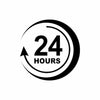 Black and white icon of a clock with '24 Hours' text on a white background